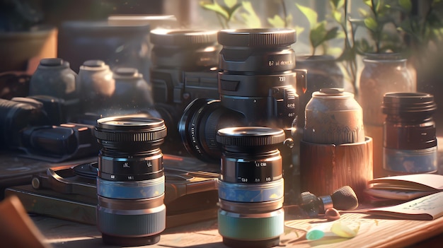 Equipo de fotógrafo en la mesa Naturaleza del enfoque selectivo