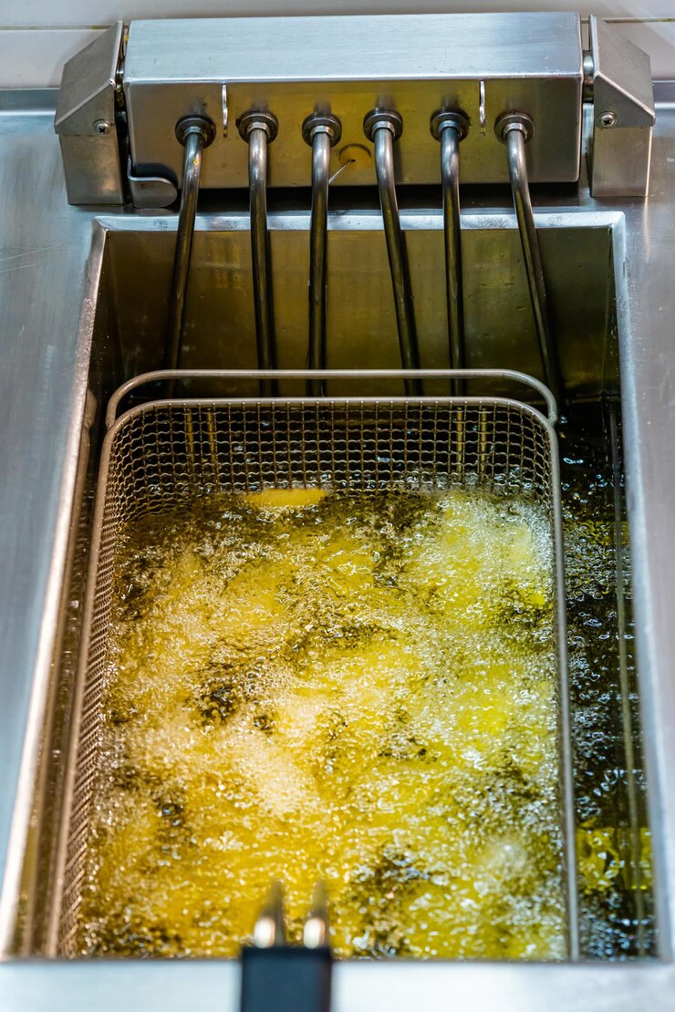 Equipo para freír papas poco saludable. Freidora de patatas deliciosa comida americana.