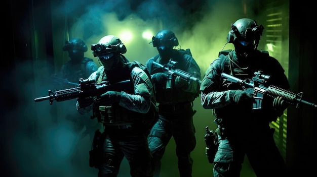 Un equipo de fuerzas especiales militares infiltrándose en una instalación de alta seguridad usando gafas de visión nocturna