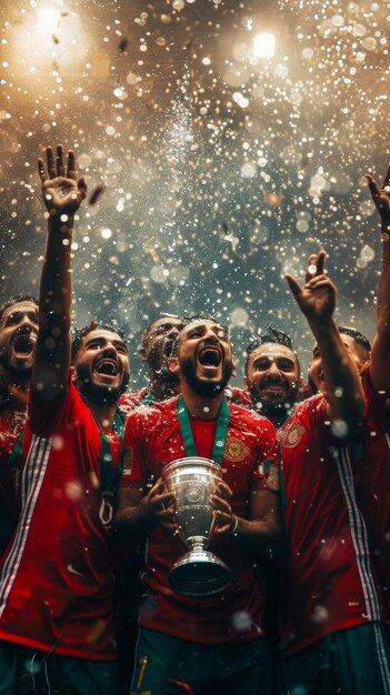 Foto el equipo de fútbol marroquí eleva alegremente la copa africana rodeado de lluvia de confeti