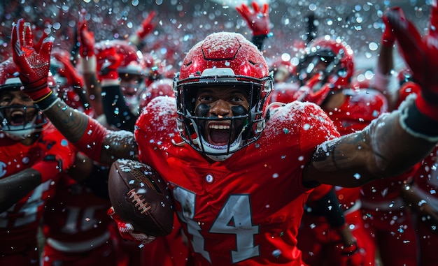 El equipo de fútbol de Rutgers celebra en la nieve.