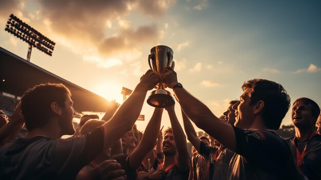 Foto el equipo ganador con la copa del trofeo de oro contra el sol brillante en el cielo