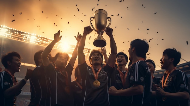 El equipo ganador con la copa del trofeo de oro contra el sol brillante en el cielo