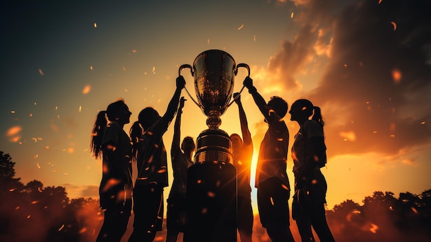 Foto el equipo ganador con la copa del trofeo de oro contra el sol brillante en el cielo