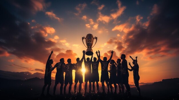 El equipo ganador con la copa del trofeo de oro contra el sol brillante en el cielo