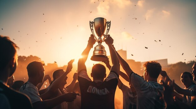 El equipo ganador con la copa del trofeo de oro contra el sol brillante en el cielo