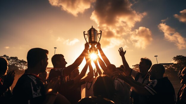 Foto el equipo ganador con la copa del trofeo de oro contra el sol brillante en el cielo