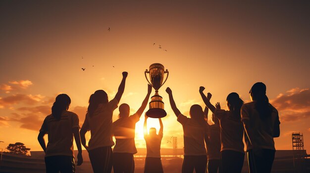 El equipo ganador con la copa del trofeo de oro contra el sol brillante en el cielo