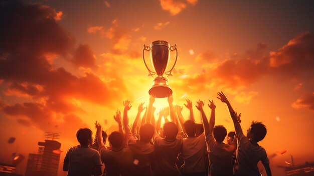 El equipo ganador con la copa del trofeo de oro contra el sol brillante en el cielo