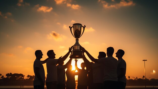 Equipo ganador con trofeo de oro contra el sol brillante en el cielo