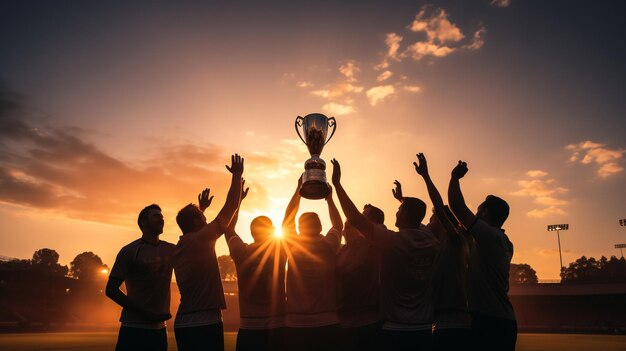 Equipo ganador con trofeo de oro contra el sol brillante en el cielo