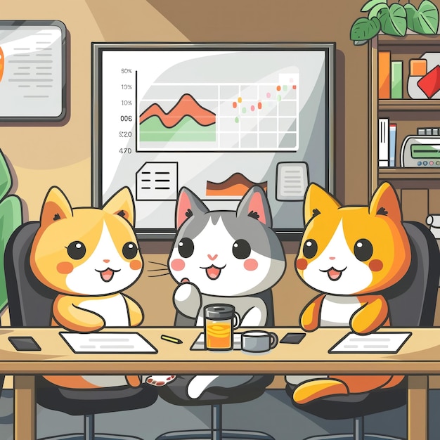 Equipo de gatos de dibujos animados en ropa formal analizando gráficos en un tablero digital