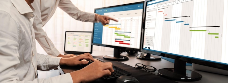 Foto equipo de gestión de proyectos coordinando y actualizando el cronograma planificado del proyecto en la computadora usando el software de diagrama de gantt en la oficina gente de negocios planificando el tiempo y la fecha límite para la tarea de la empresa pioneros