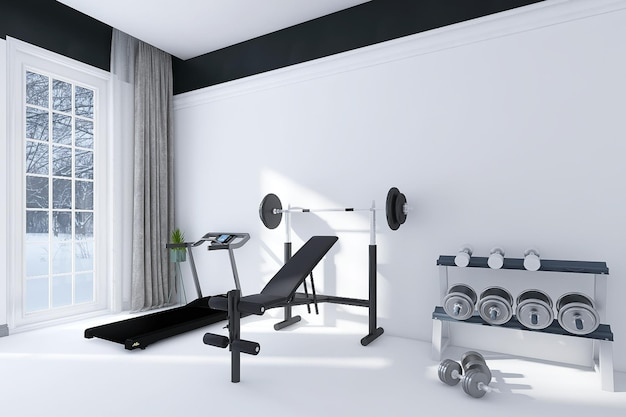 Equipo de gimnasio en una habitación mínima con fondo de pared blanca