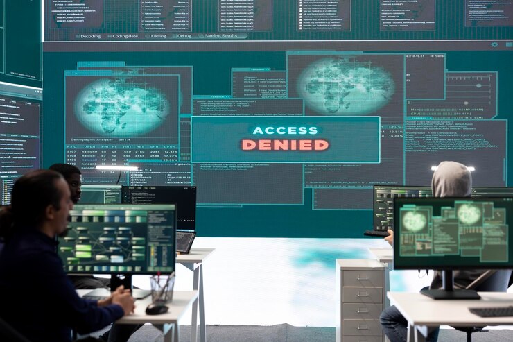 Foto un equipo de hackers descontento e irritado con un mensaje de acceso denegado en una pantalla grande