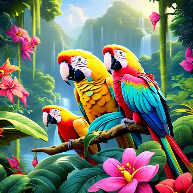 El equipo de hermosos pájaros en la jungla