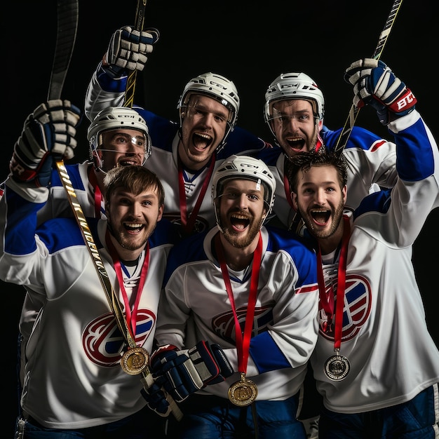 Foto el equipo de hockey celebra la victoria en el estadio de hockey