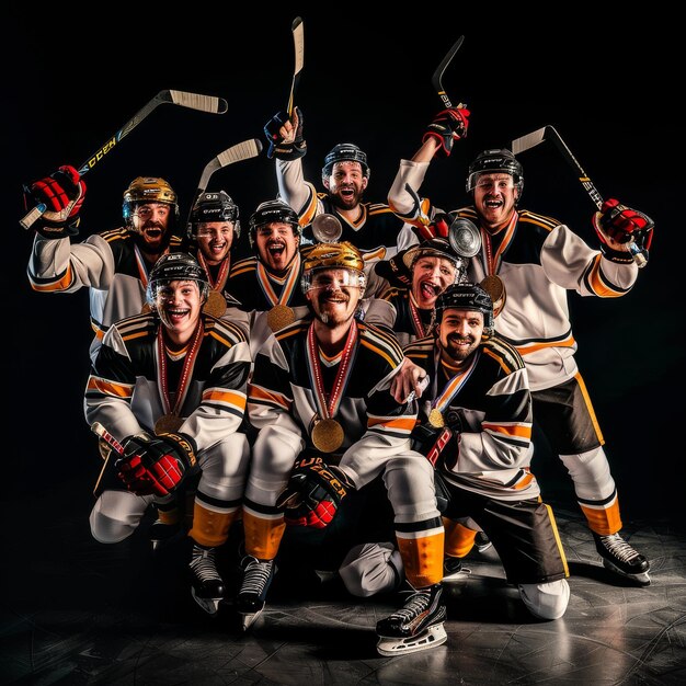 Foto el equipo de hockey celebra la victoria en el estadio de hockey