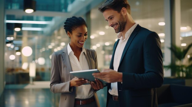 Foto un equipo de hombres y mujeres de negocios discutiendo el trabajo usando una tableta digital en la oficina