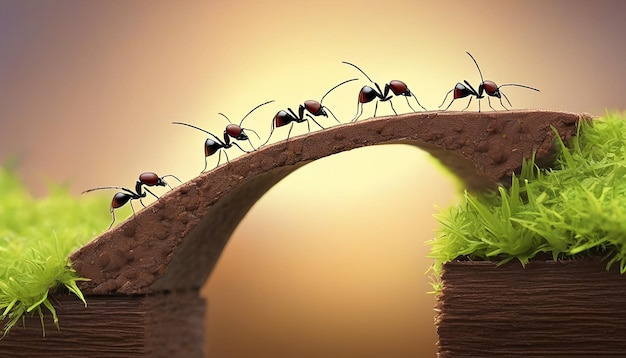 Equipo de hormigas trabajan construyendo puentes trabajo en equipo