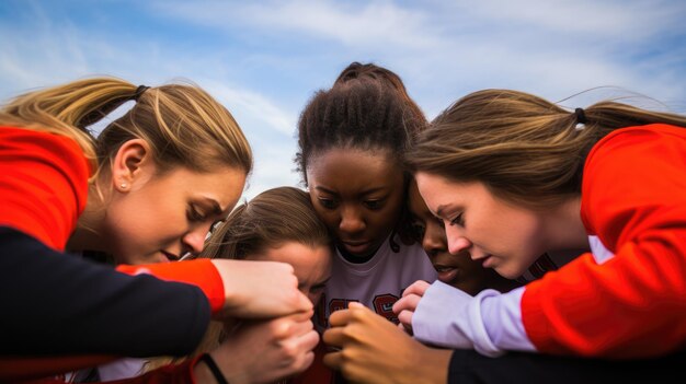 Equipo Huddle Mujeres jugadoras de fútbol en un círculo motivacional entrenador charla de ánimo Nikon D850 2470mm f2