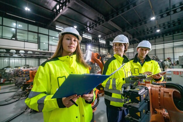 Equipo industrial en equipo de seguridad que lleva a cabo una inspección en una instalación de fabricación