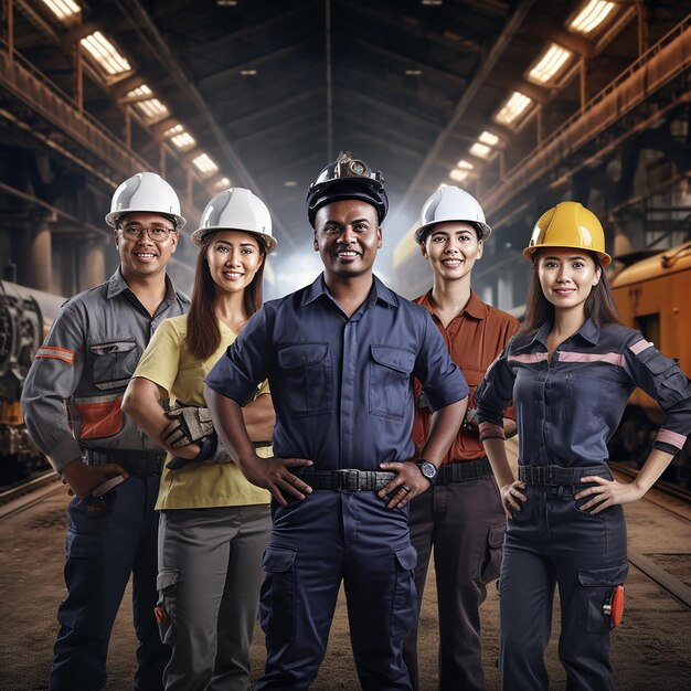 Equipo de ingeniería diverso con cascos en mano