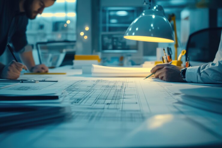 El equipo de ingenieros arquitectónicos utiliza planos y cálculos para los proyectos