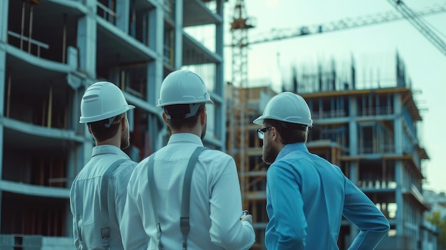 un equipo de ingenieros de construcción habla con los gerentes y los trabajadores de la construcción en el sitio de construcción