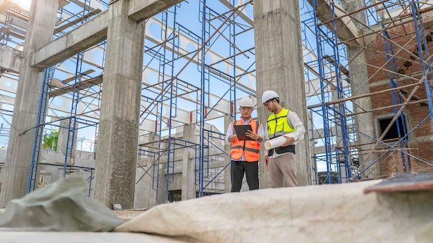 Un equipo de ingenieros consulta y planea la construcción del edificio El supervisor de arquitectos y el capataz se reúnen para discutir el diseño de la construcción en el sitio de un gran proyecto de construcción