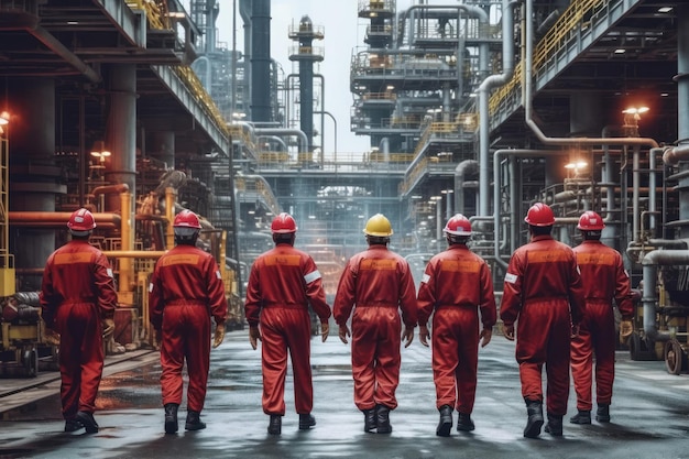 El equipo de ingenieros en uniforme es una encuesta de seguridad de la industria de refinerías de petróleo