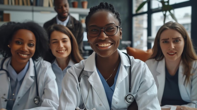 Equipo interracial de médicos y enfermeras en una reunión de equipo