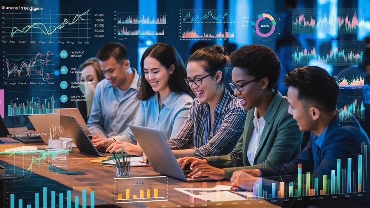 Equipo de inversión de negocios que trabaja con la planificación y el análisis por computadora de gráficos de comercio en el mercado de valores