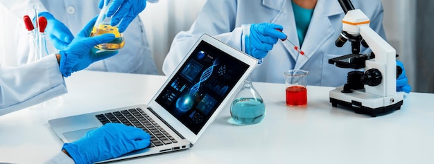 El equipo de investigación de laboratorio avanza en la atención médica con experiencia científica, equipos de laboratorio y software innovador de biotecnología médica que investiga nuevos medicamentos y desarrolla curasPanorama Rigid