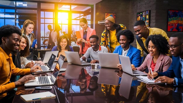 Equipo de jóvenes africanos en la oficina en la mesa con computadoras portátiles