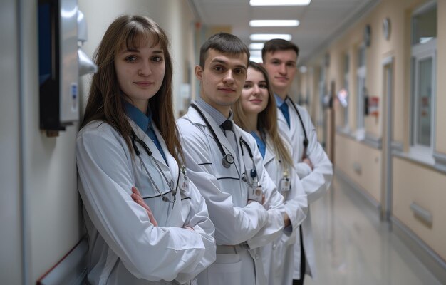 Equipo de jóvenes médicos especialistas de pie en el pasillo del hospital