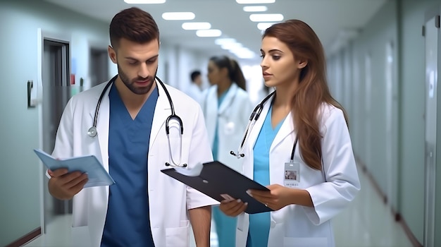 Un equipo de jóvenes médicos especialistas revisando documentos en el pasillo del hospital