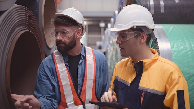 Un equipo de jóvenes que trabajan en un almacén que almacena rollos de láminas de metal