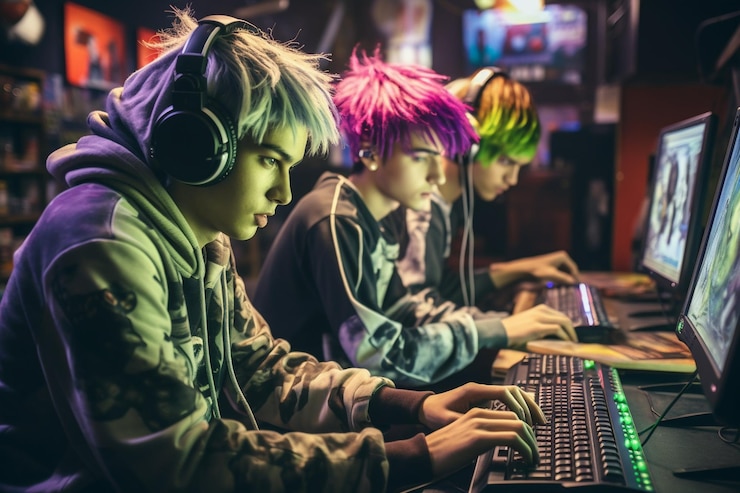 Foto un equipo de jugadores adolescentes juega en un videojuego multijugador en una computadora en un club de juegos