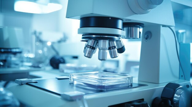 Equipo de laboratorio biológico microscopio tubos de ensayo de primer plano Fondo de un laboratorio biológico o químico