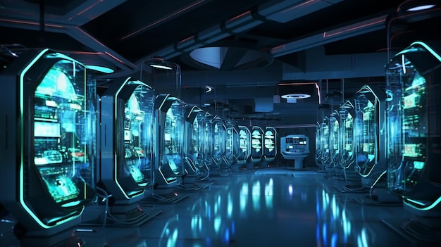 Equipo de laboratorio de computación futurista en una fila