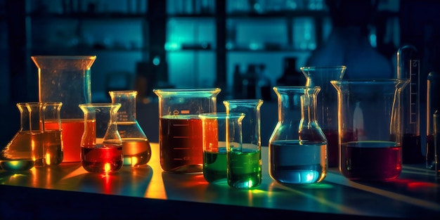 Equipo de laboratorio de vidrio y reacciones químicas detrás de un fondo azul oscuro