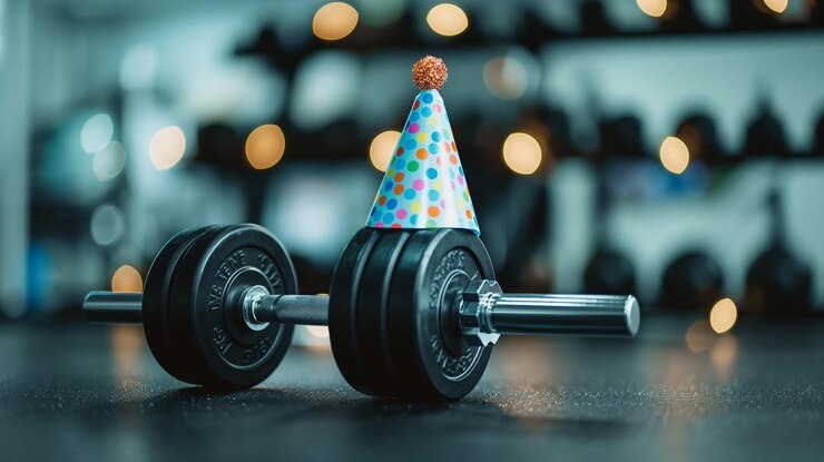 Equipo de levantamiento de pesas decorado para una celebración en un gimnasio moderno