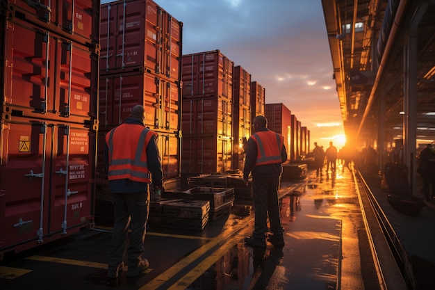 Foto equipo logístico descargando contenedores de productos importados al atardecer ia generativa