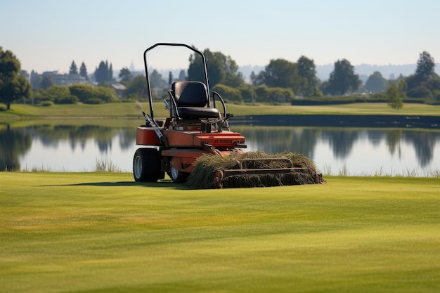 Equipo de mantenimiento de campos de golf en el césped manicured creado con ai generativo