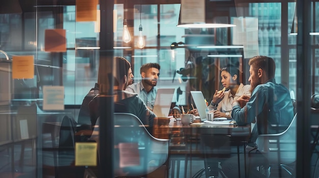 Un equipo de marketing trabajando en una estrategia de rendimiento en una oficina con paredes de vidrio haciendo una lluvia de ideas