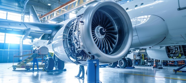 Un equipo de mecánicos inspecciona el motor de un avión comercial en un hangar para obtener un rendimiento óptimo