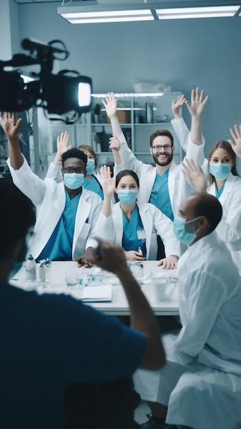 equipo médico en abrigos blancos con guantes azules y máscaras delante de ellos con las manos en el aire
