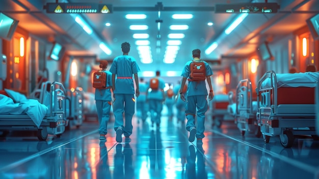 Un equipo médico caminando por el pasillo del hospital.