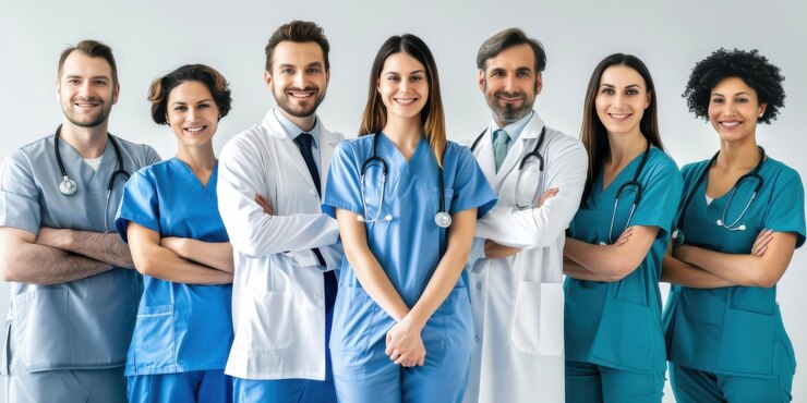 Un equipo médico diverso de médicos y enfermeras de pie juntos sonriendo con confianza en un entorno hospitalario